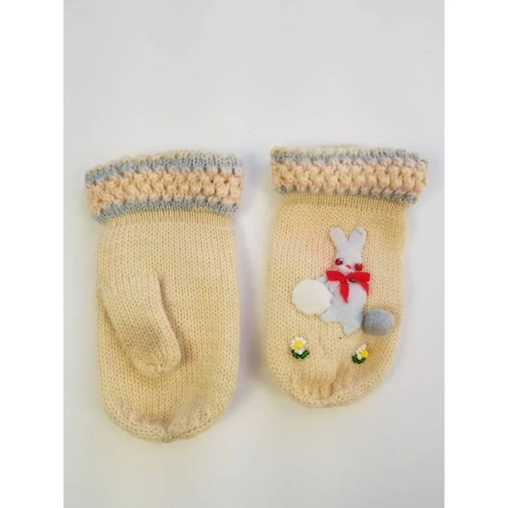 Vtg MCM Infants Knit Mittens with Bunny Applique and Beading